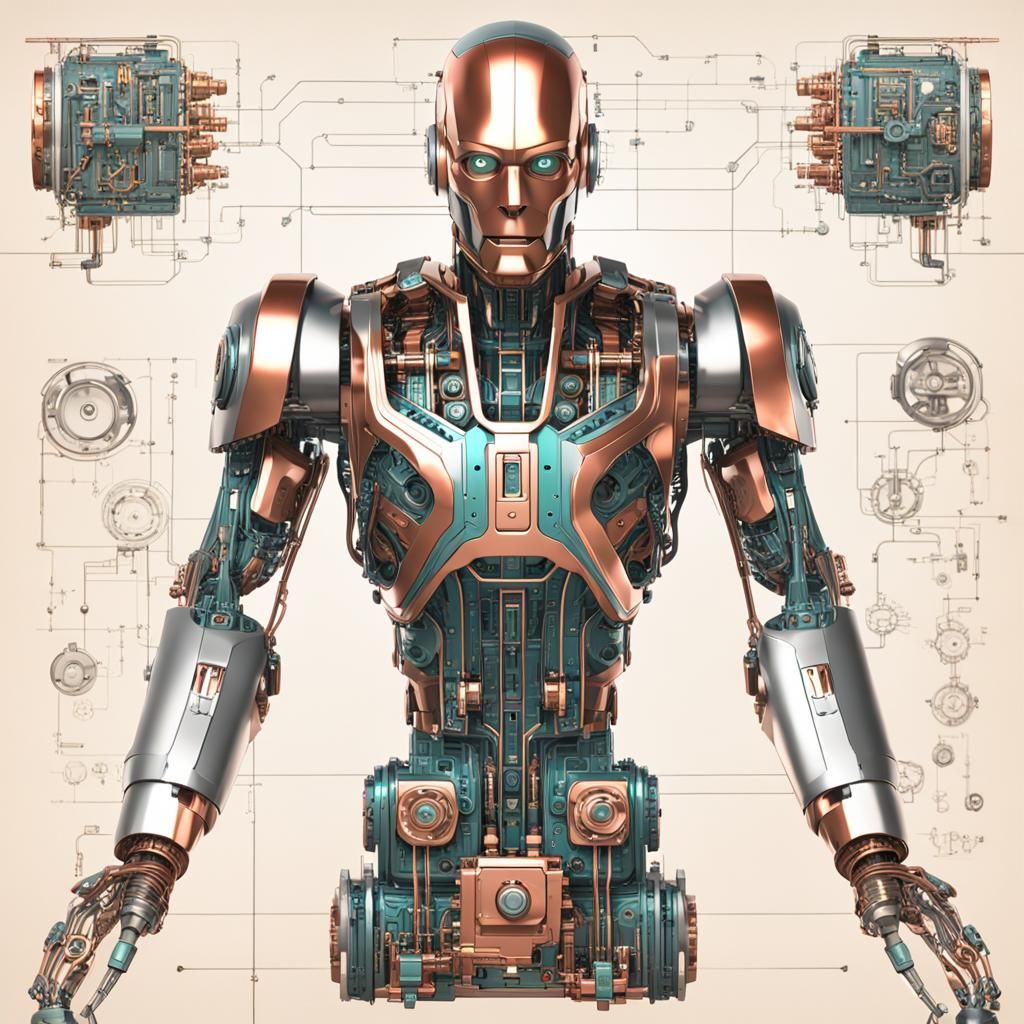 Detailed Copper Cyborg Robot with Visible Mechanics