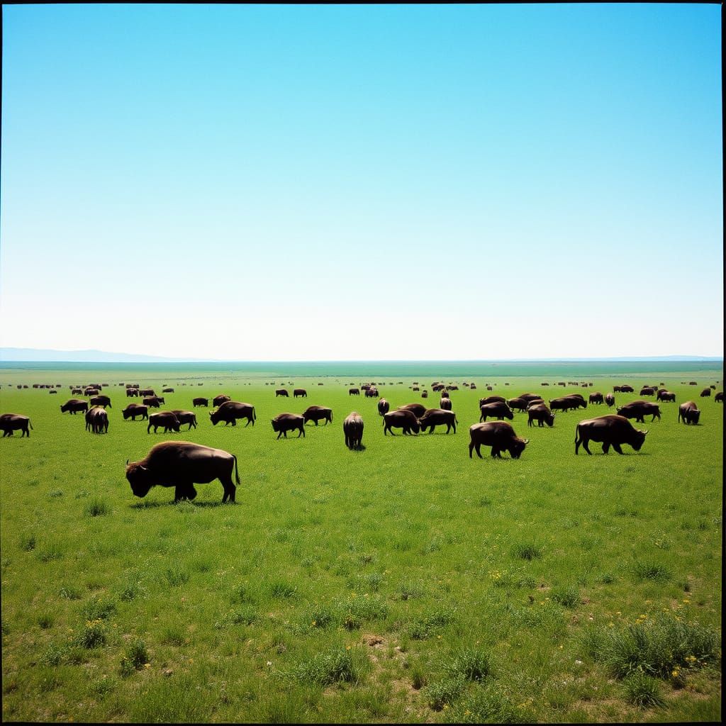 Epic Film Still of Buffalo Grazing Under a Vast Blue Sky