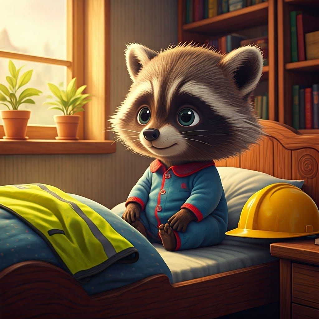 Whimsical Baby Raccoon in Cozy Pixar-Style Scene
