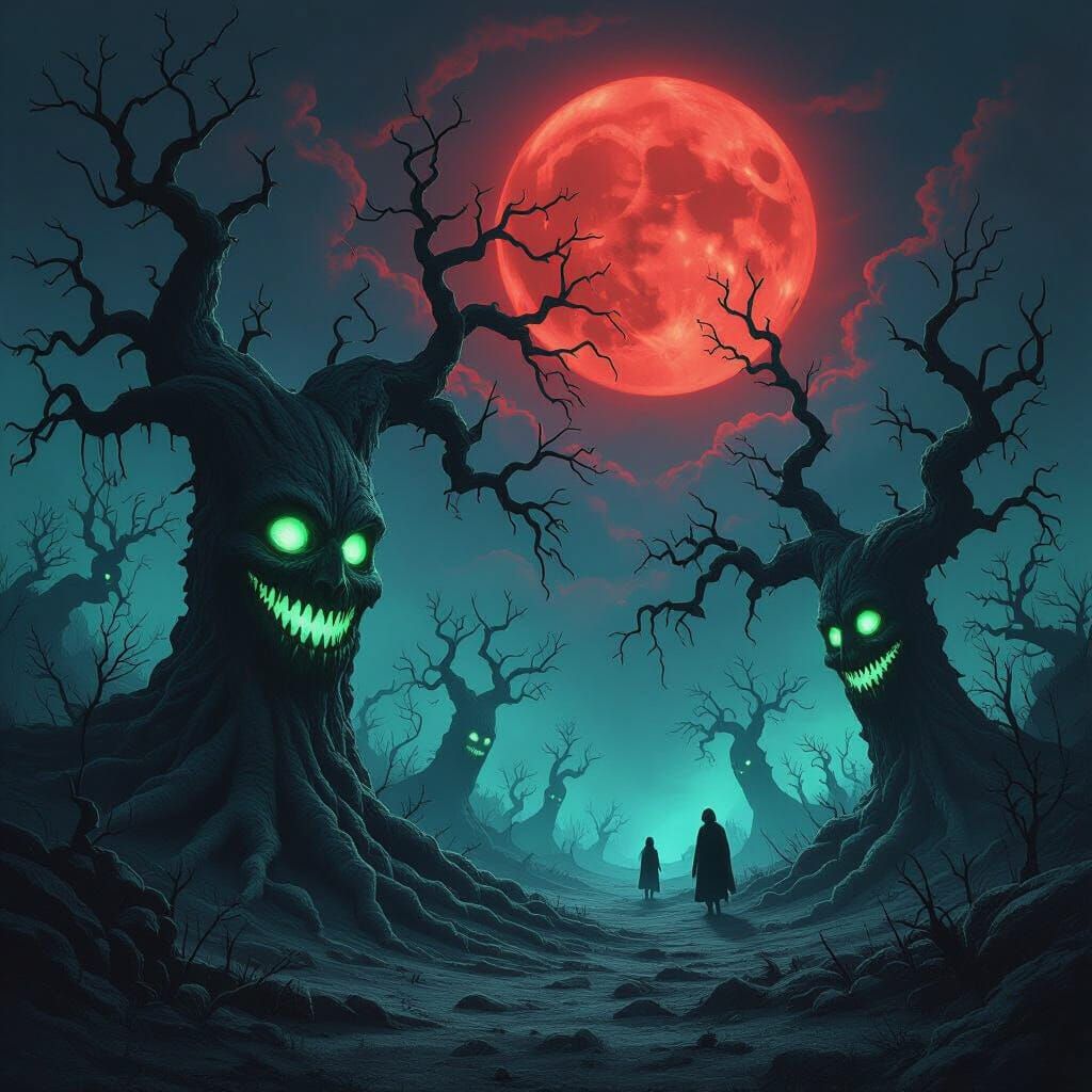 Nightmarish Landscape with Smiling Faces Under Blood Moon