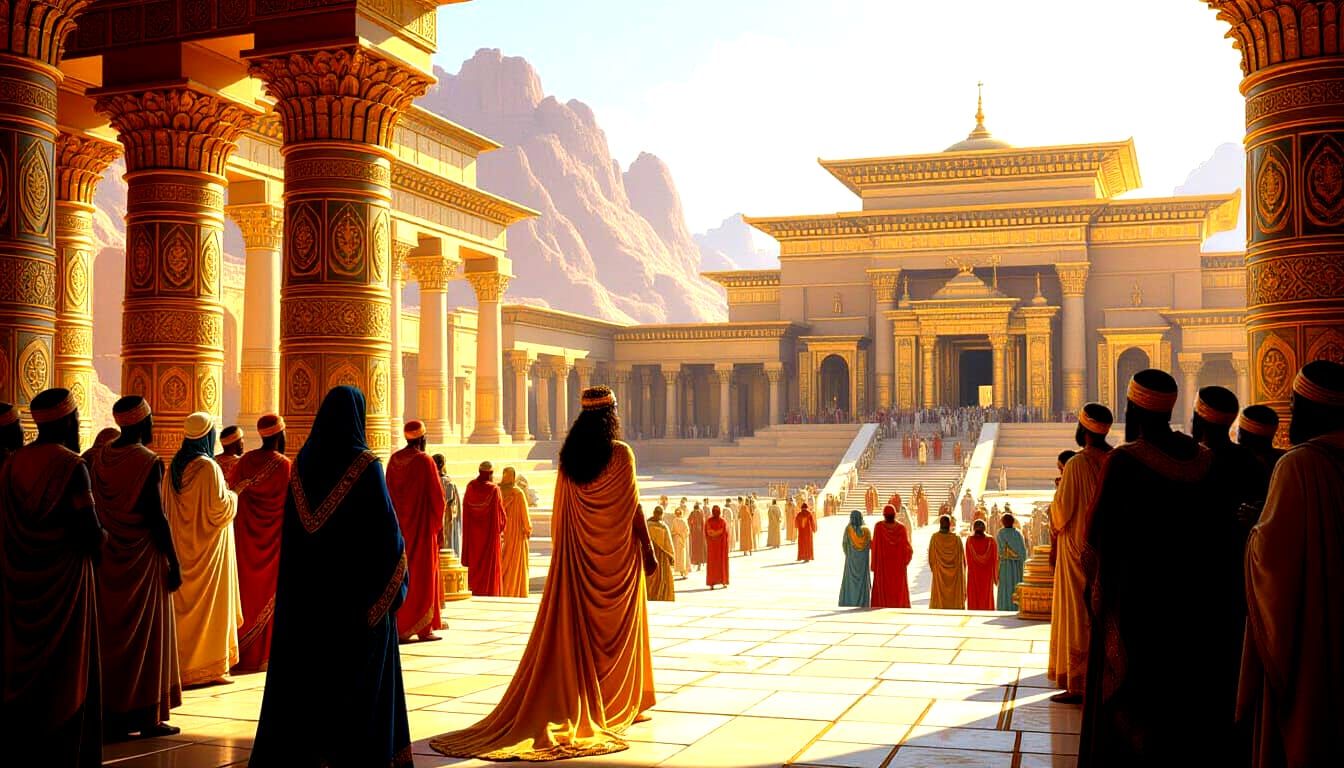 Queen of Sheba Visits King Solomon in Grand Biblical Scene