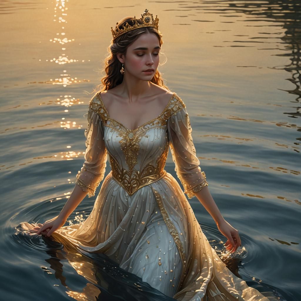 Girl on Water in Sunset: Photorealistic Digital Portrait
