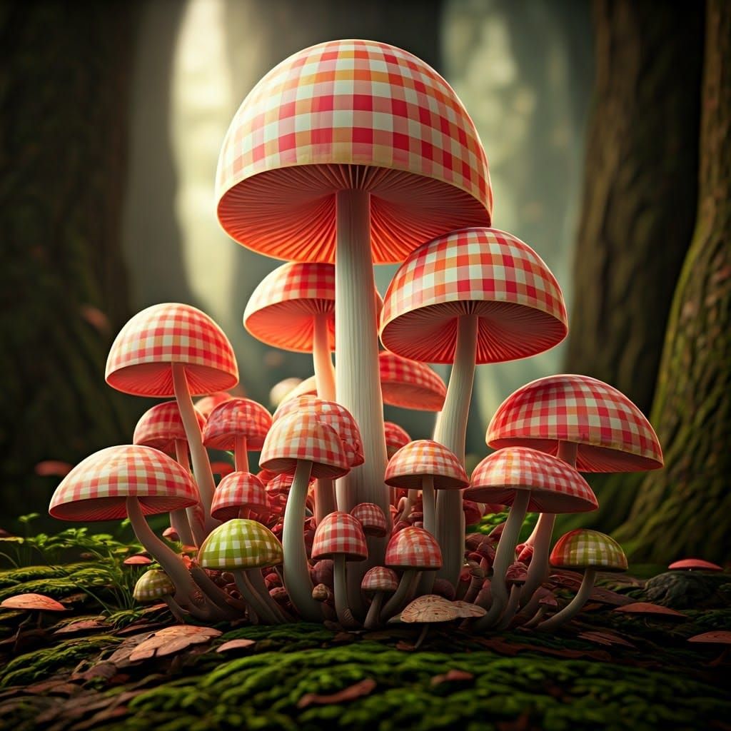 Vibrant Gingham Fungi in a Whimsical Forest