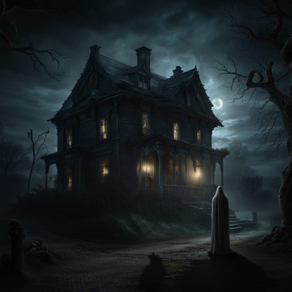 Horrifying Ghostly House at Night in Realistic Photo