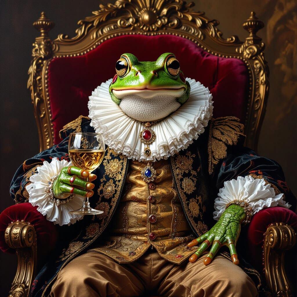 Frog Nobleman on Throne: Baroque Oil Painting