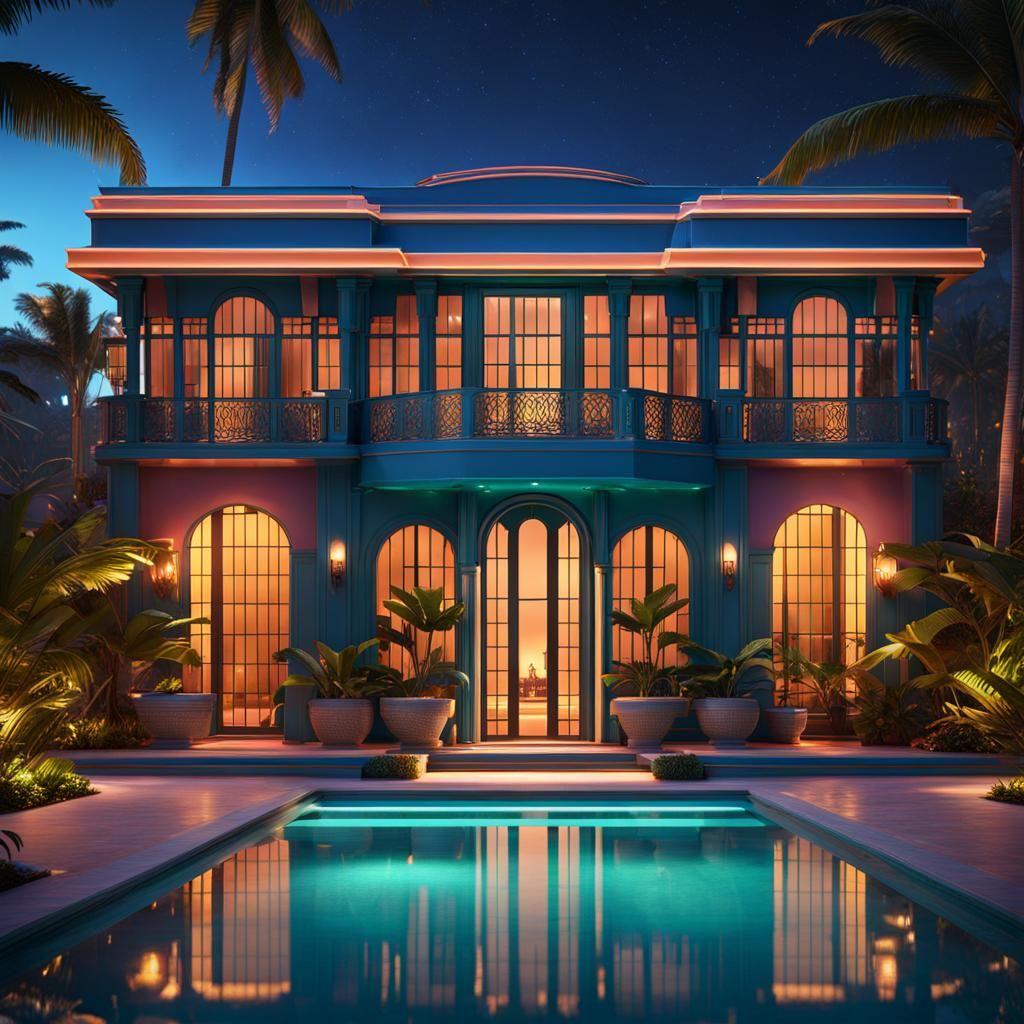 Miami Art Deco House at Night in Unreal Engine