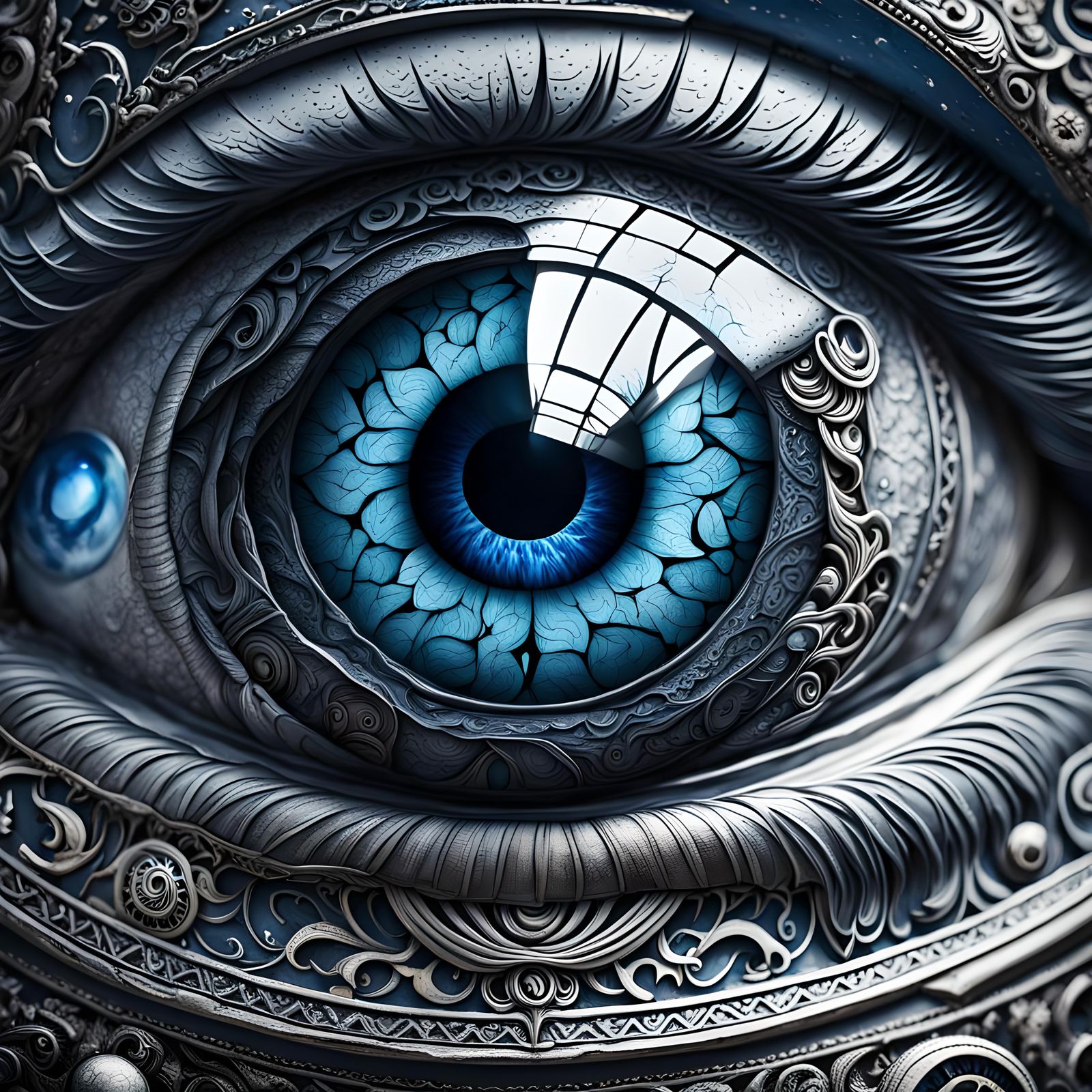 Surreal Eyeball Reflects Crescent Moon and City Night