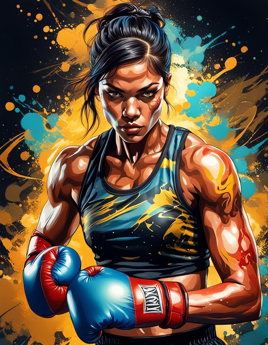 Dynamic Female Boxer Portrait in Street Art Style