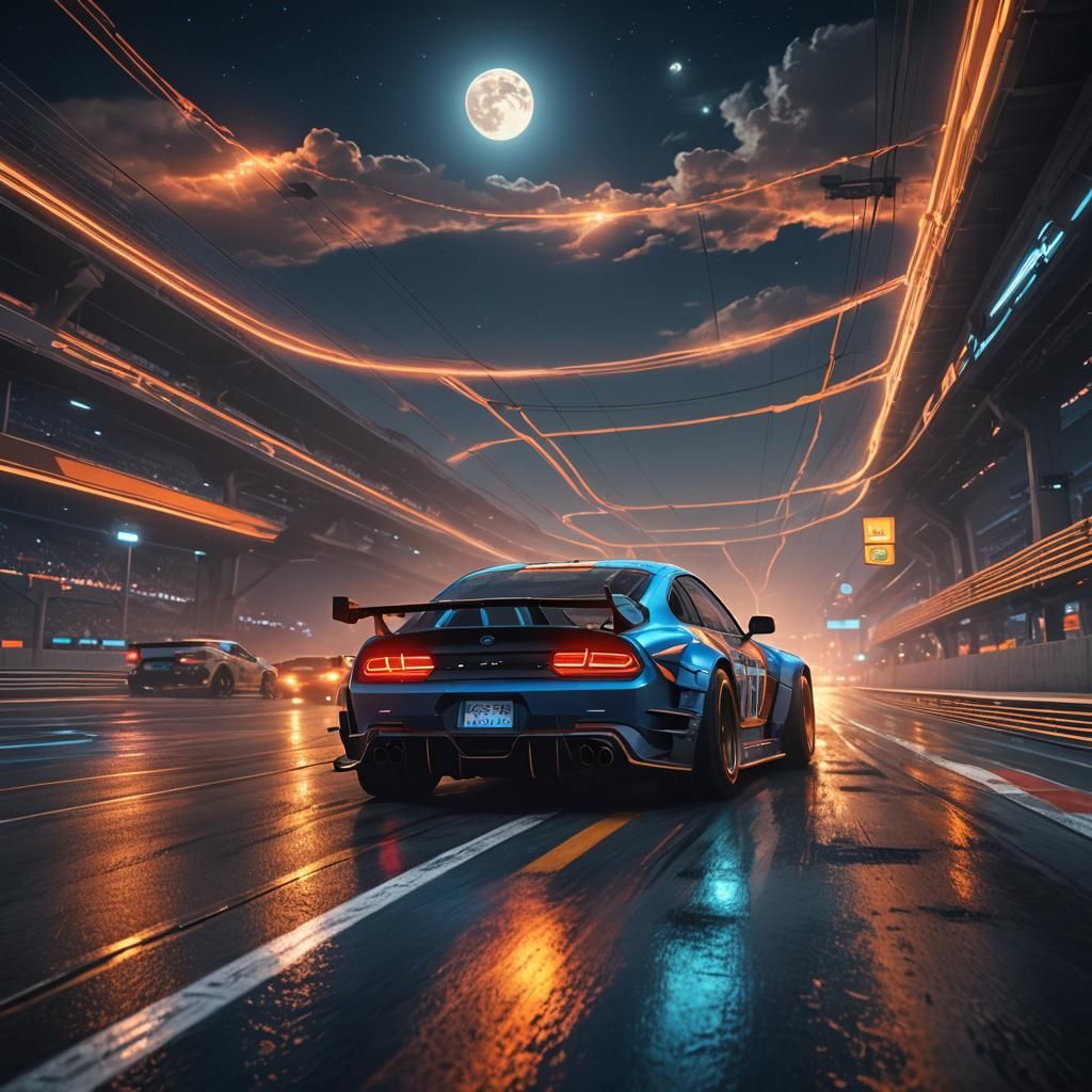 Night Race on Glowing Track in Fantasy Style