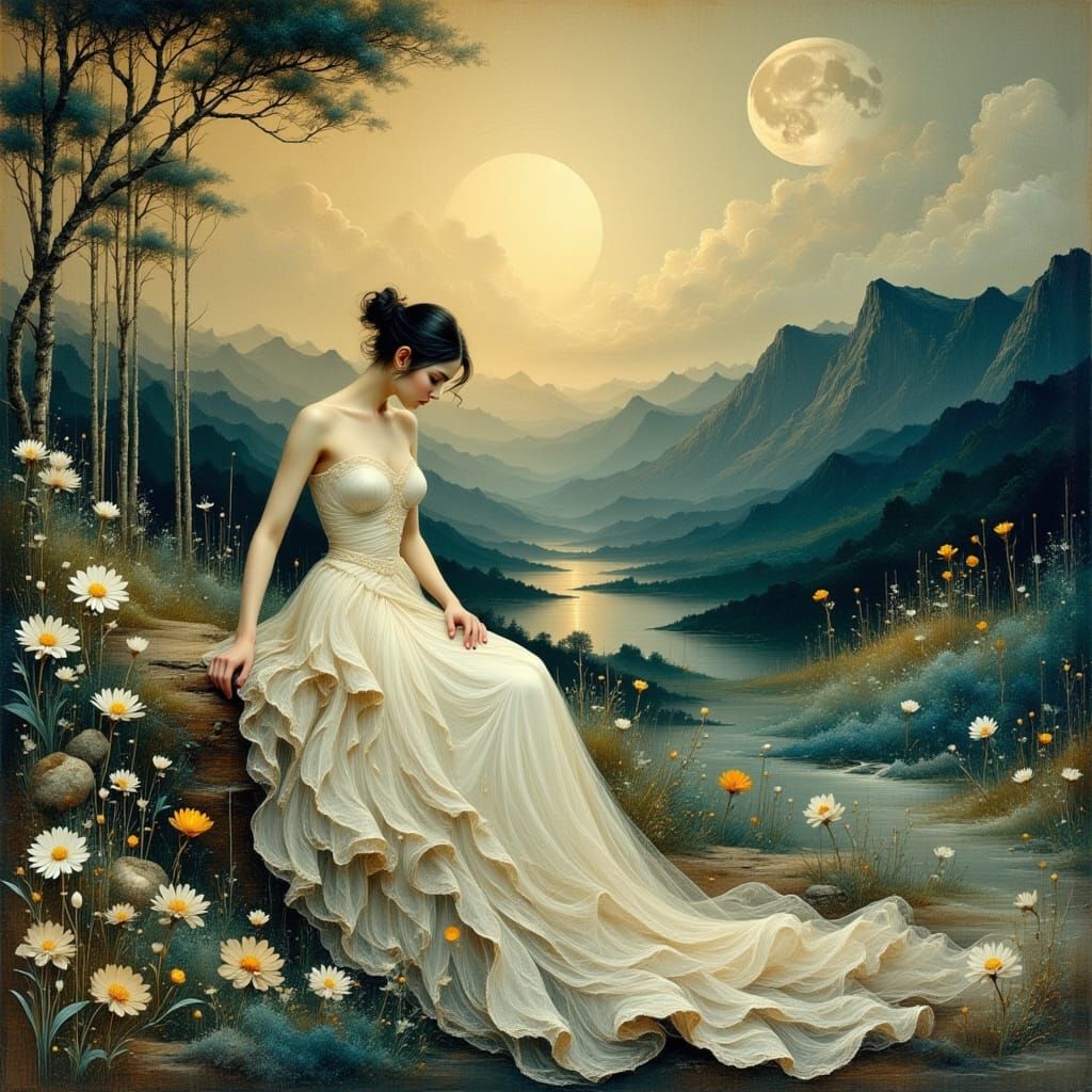 Woman by Moonlit River in Arts and Crafts Style