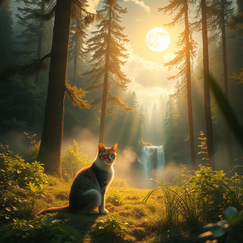 Serene Cat in Forest: A Digital Painting