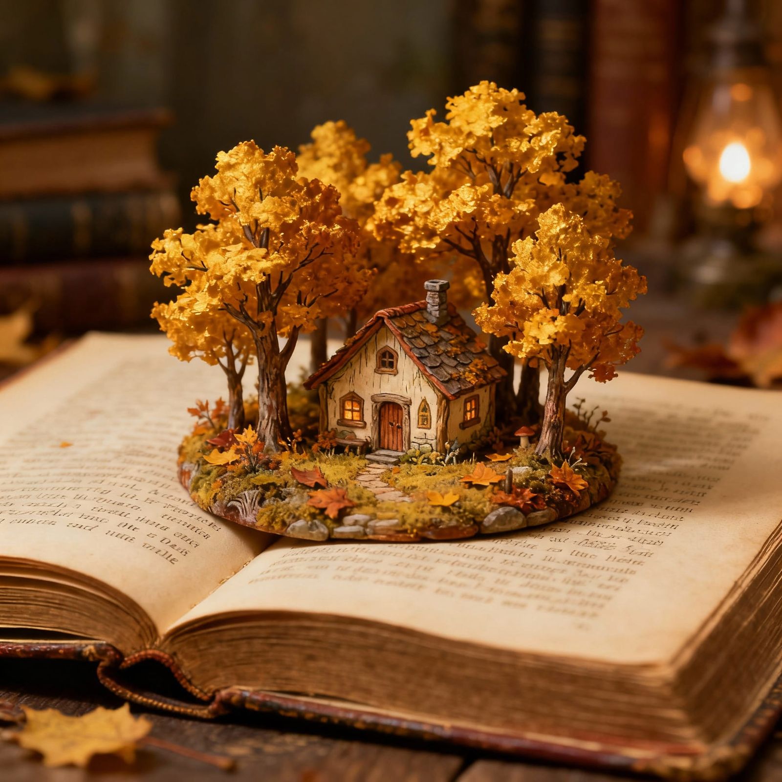 Whimsical Autumn Cabin on Open Book Pages