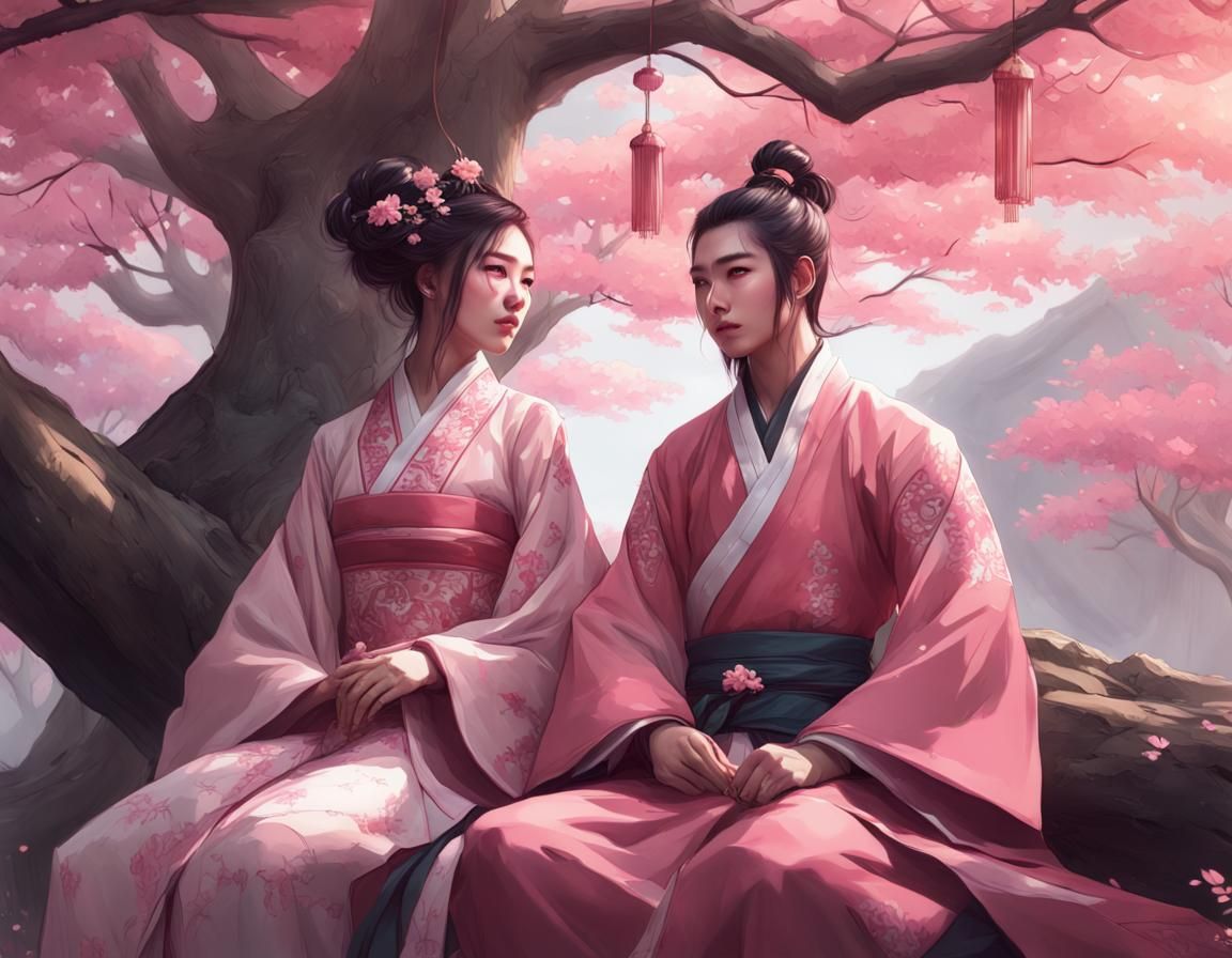 Couple in Pink Hanfu Under Haitang Tree