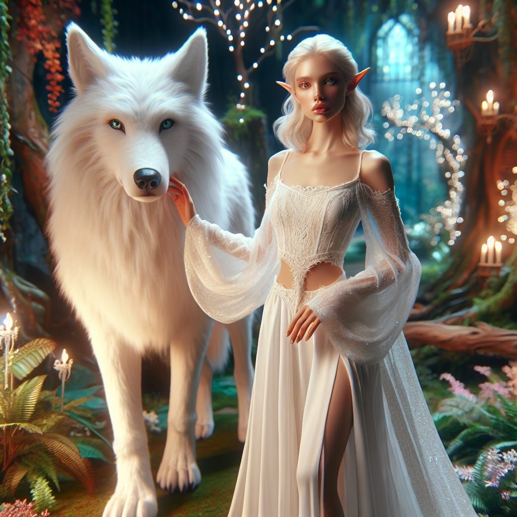 Elf and White Wolf in Whimsical Forest