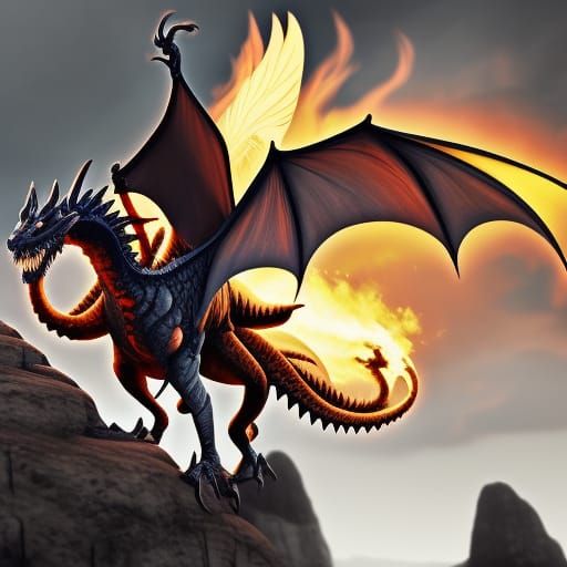 Nightmare Dragon Breathing Fire: Detailed Matte Painting