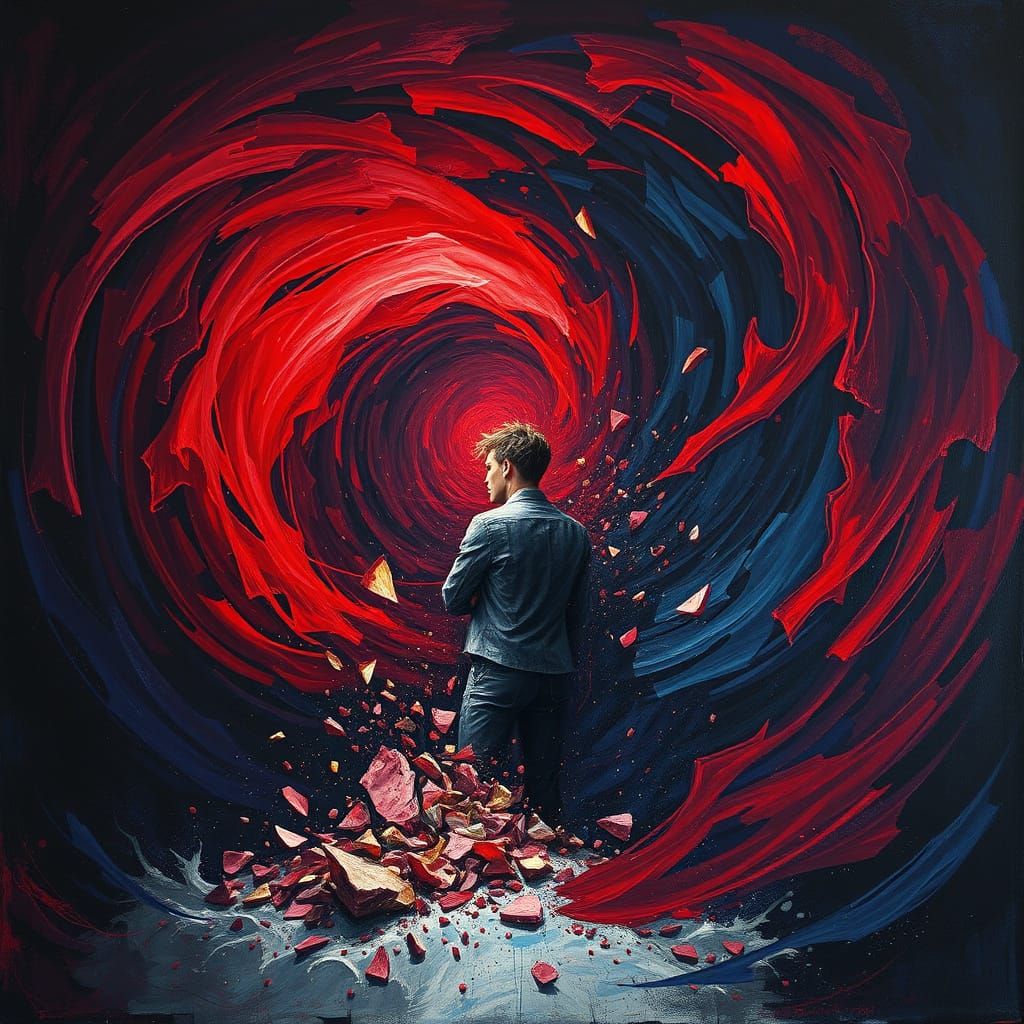 Love to Rage: Figure in Crimson and Indigo Vortex
