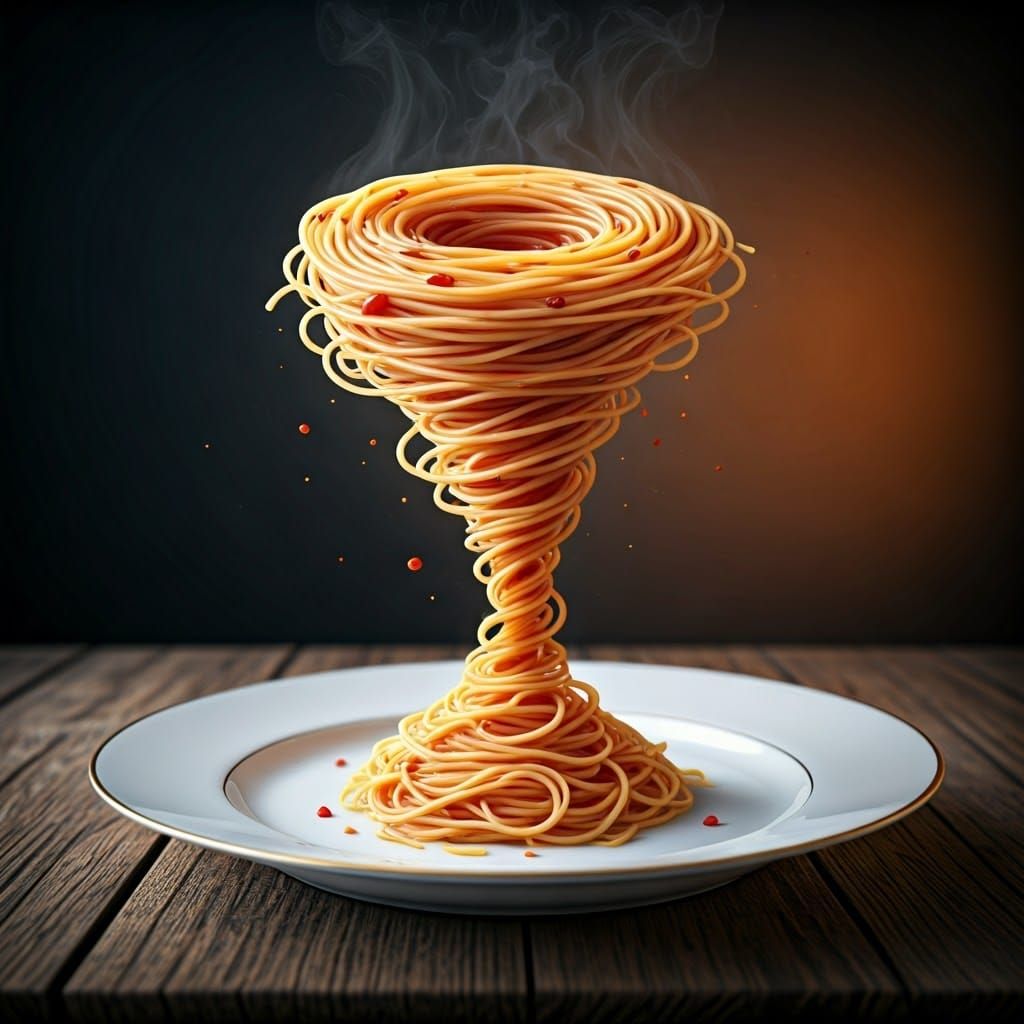 Spaghetti Tornado on Plate, Surreal Dreamscape
