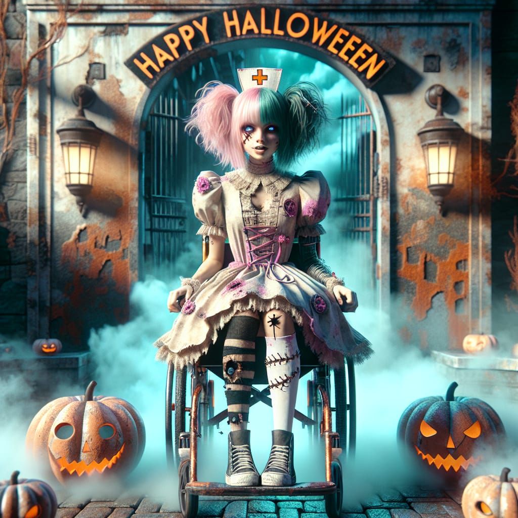 Cyberpunk Teen Nurse in Halloween Scene