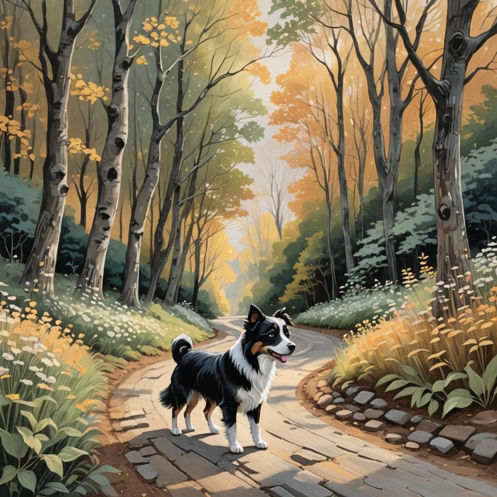 Black and White Dog in Whimsical Pastel Drawing