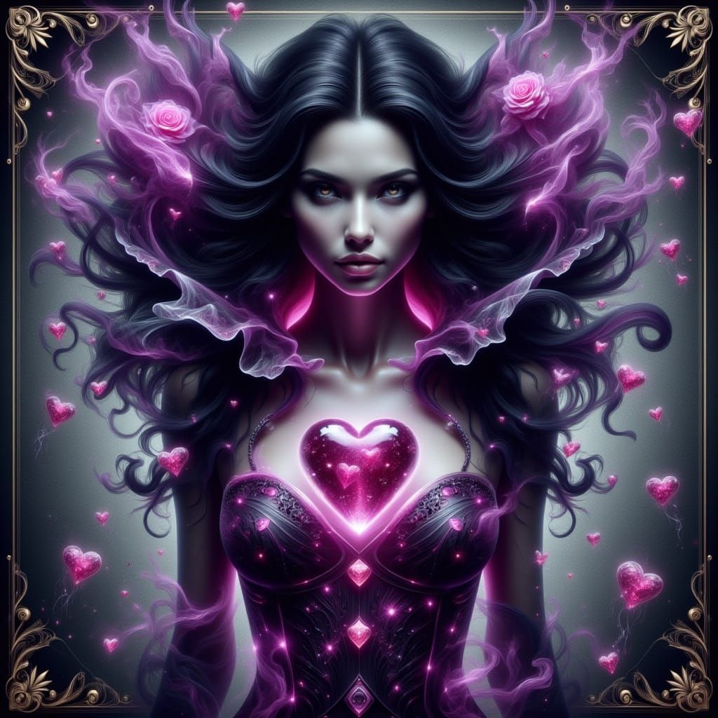Ethereal Illusionist with Glowing Glass Hearts and Black Vei...
