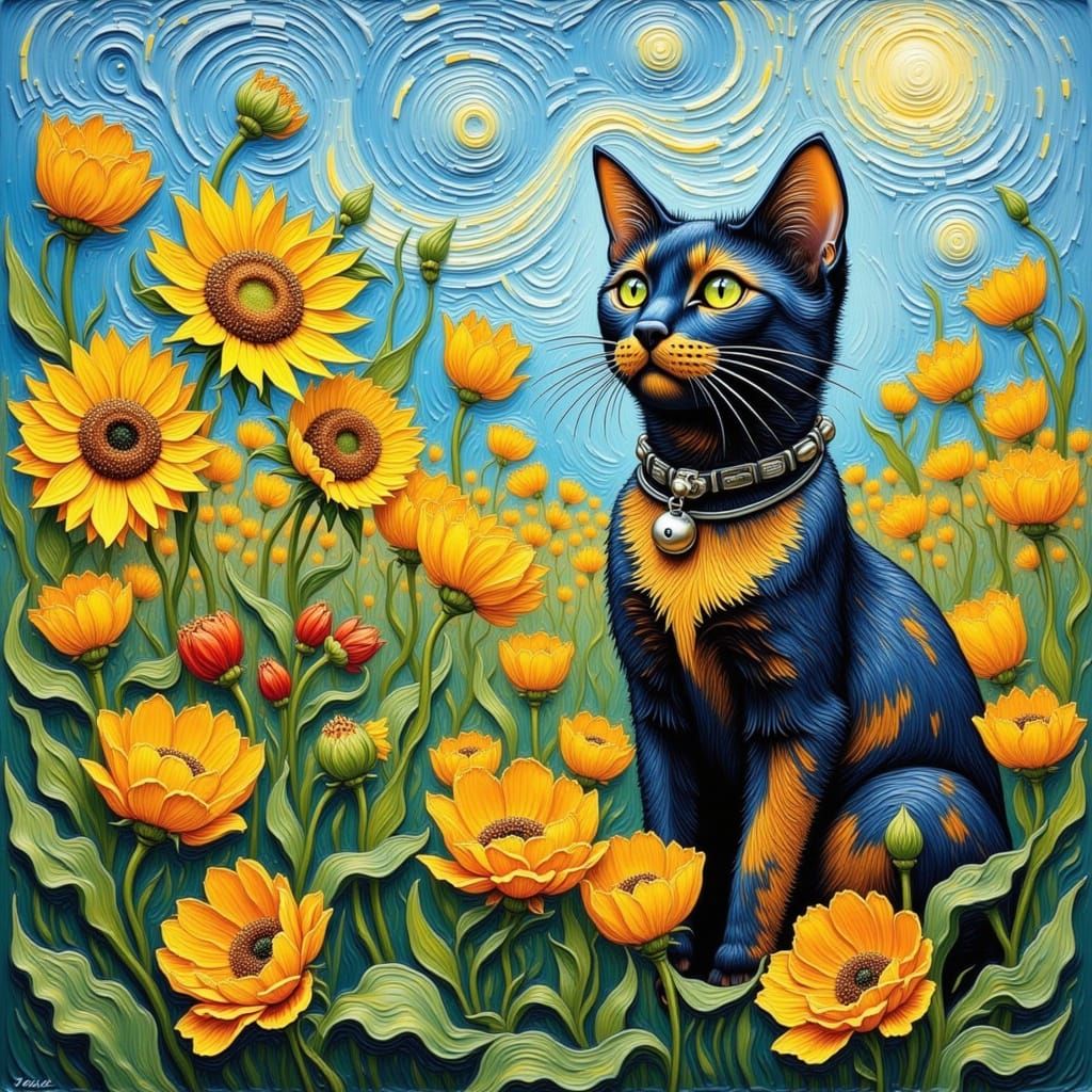 Tortoiseshell Cat Among Sunflowers in Impressionist Style