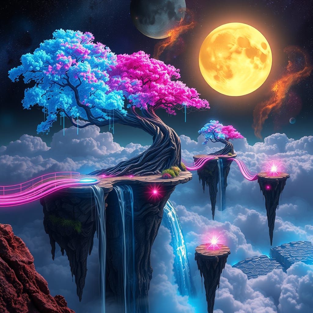 Surreal Floating Islands Landscape with Glowing Bridges