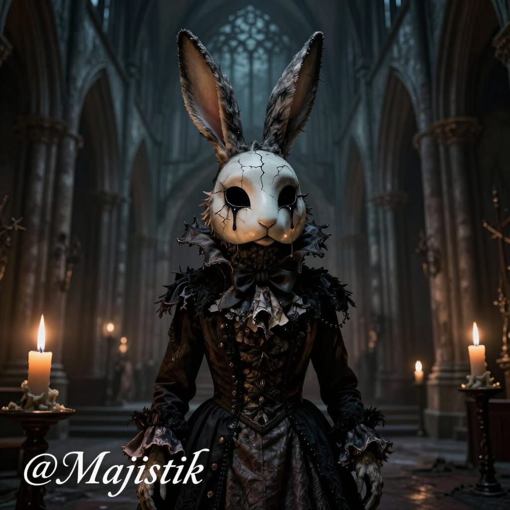 Gothic Rabbit in Abandoned Cathedral as Dark Surreal Horror