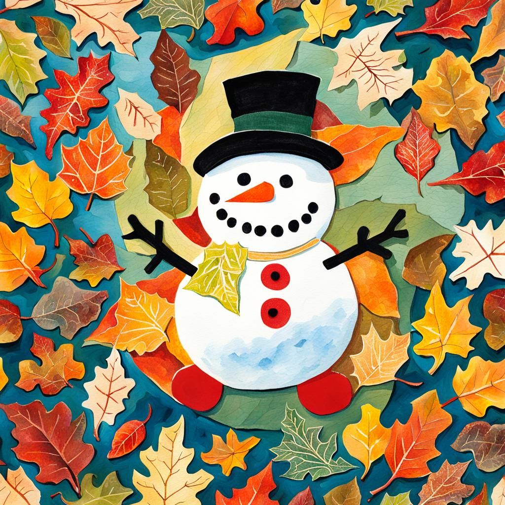 Happy Snowman Collage with Autumn Leaves