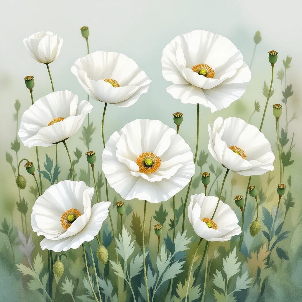 Dreamy White Poppies in Watercolor Style