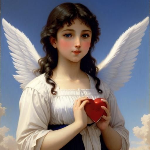 Cartoon Angel Holding Heart as Oil Painting