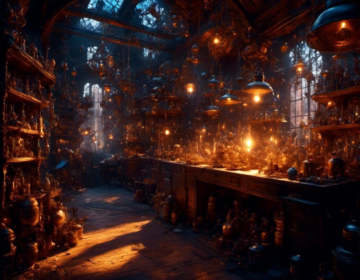 Cinematic Wizard's Workshop with Volumetric Lighting