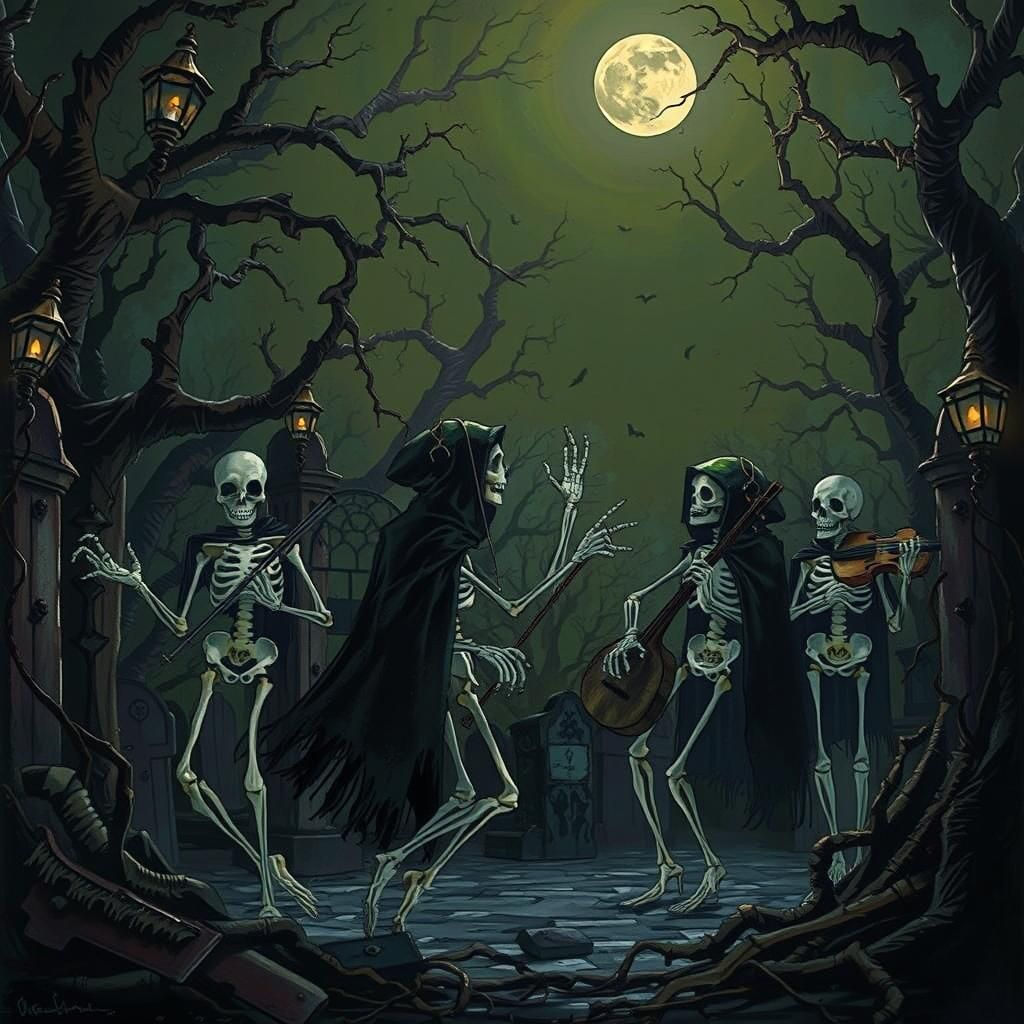 Macabre Skeletons Play Haunting Melody in Graveyard
