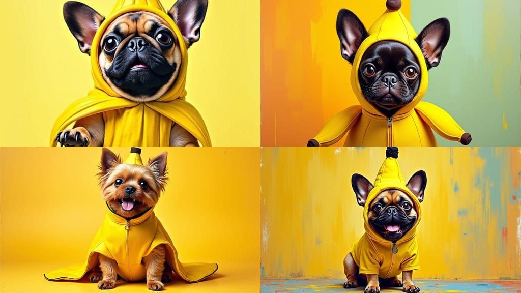 A Brussels Griffon Dog Wears a Banana Suit in Whimsical Art