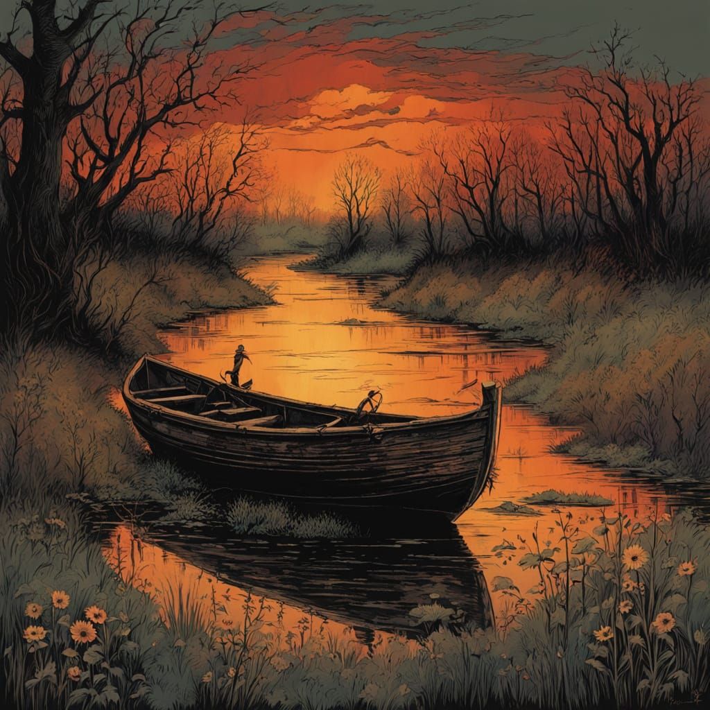 Dark Sunset on a Murky Riverbank