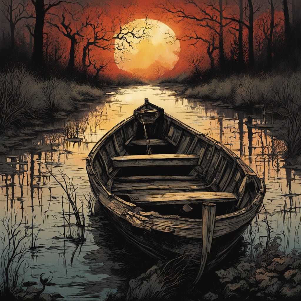 Surreal, Haunting Swamp Scene in Stylized Street Art