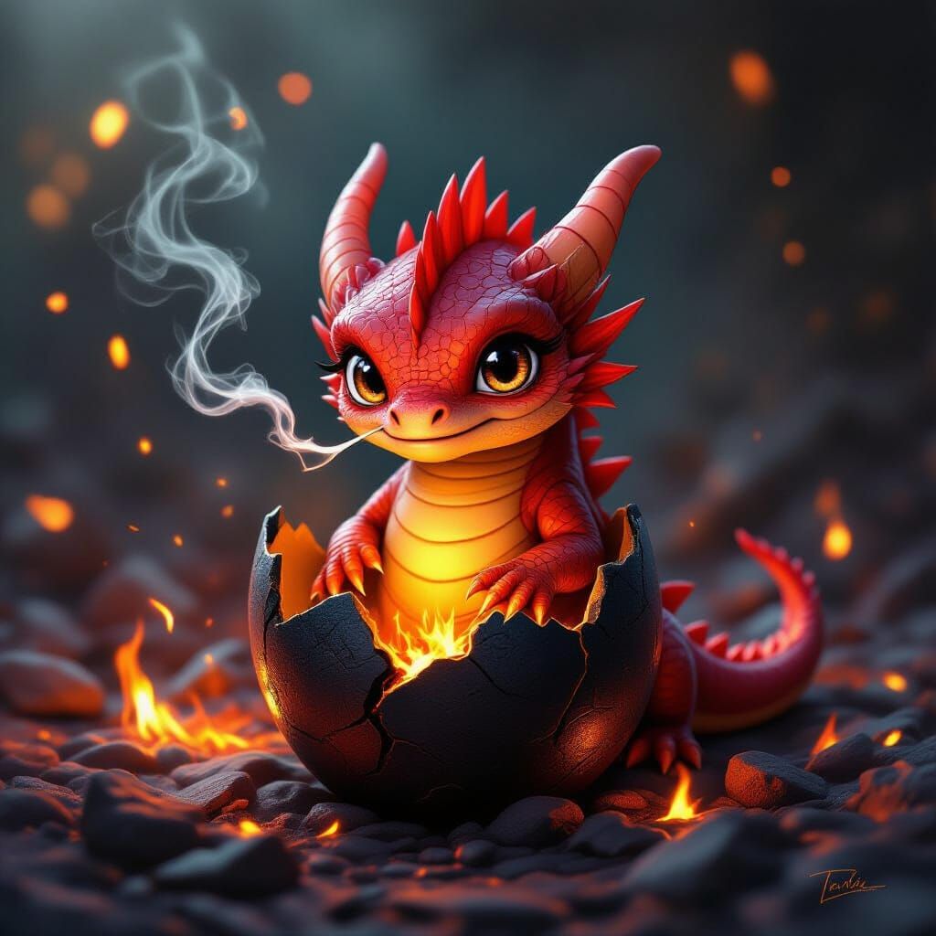 Baby Red Dragon Awakens From Obsidian Egg