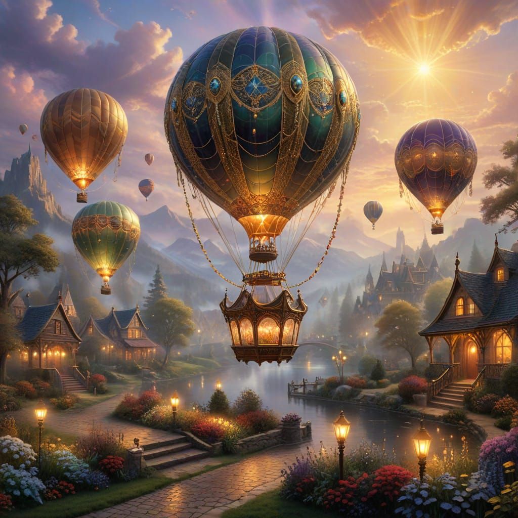 Golden Jewelled Hot Air Balloons Soar at Sunset