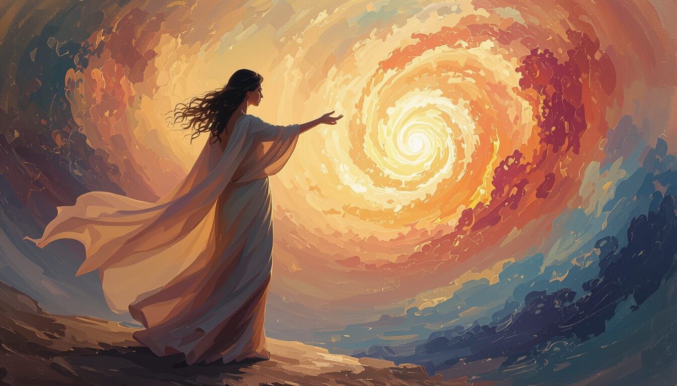 Divine Woman Facing Cosmic Storm in Impressionist Style