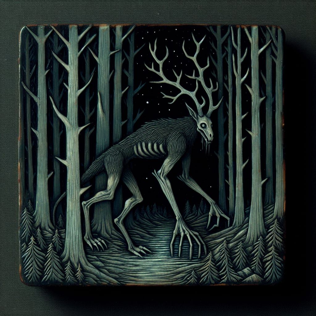 Encaustic style picture of a wendigo creeping thru a dark fo...