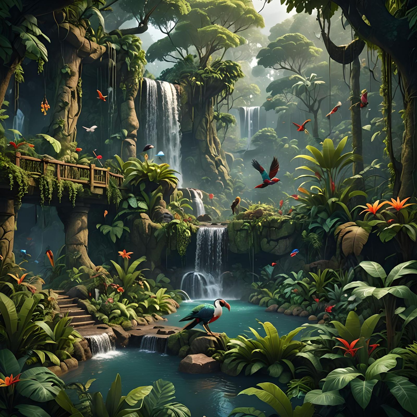 Lush Rainforest Garden with Waterfall: Detailed Matte Painti...