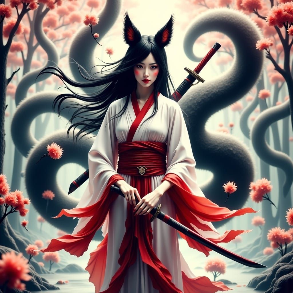 Majestic Kitsune in Cherry Blossom Forest, Inspired by Cinem...