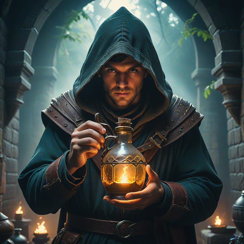 Medieval Man with Potion in Hyperrealistic Style