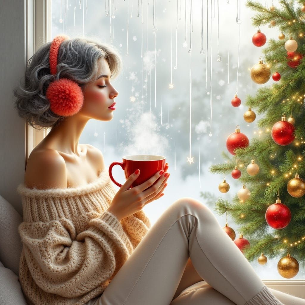 Cozy Winter Scene: Woman by Window with Christmas Tree