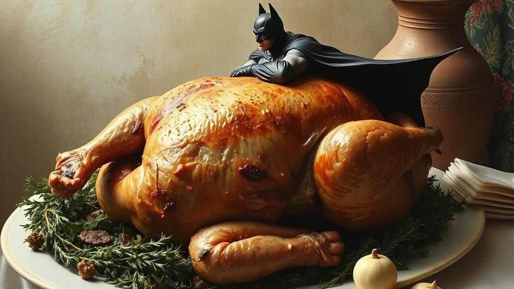 Realistic Batman on Giant Turkey in Whimsical Style