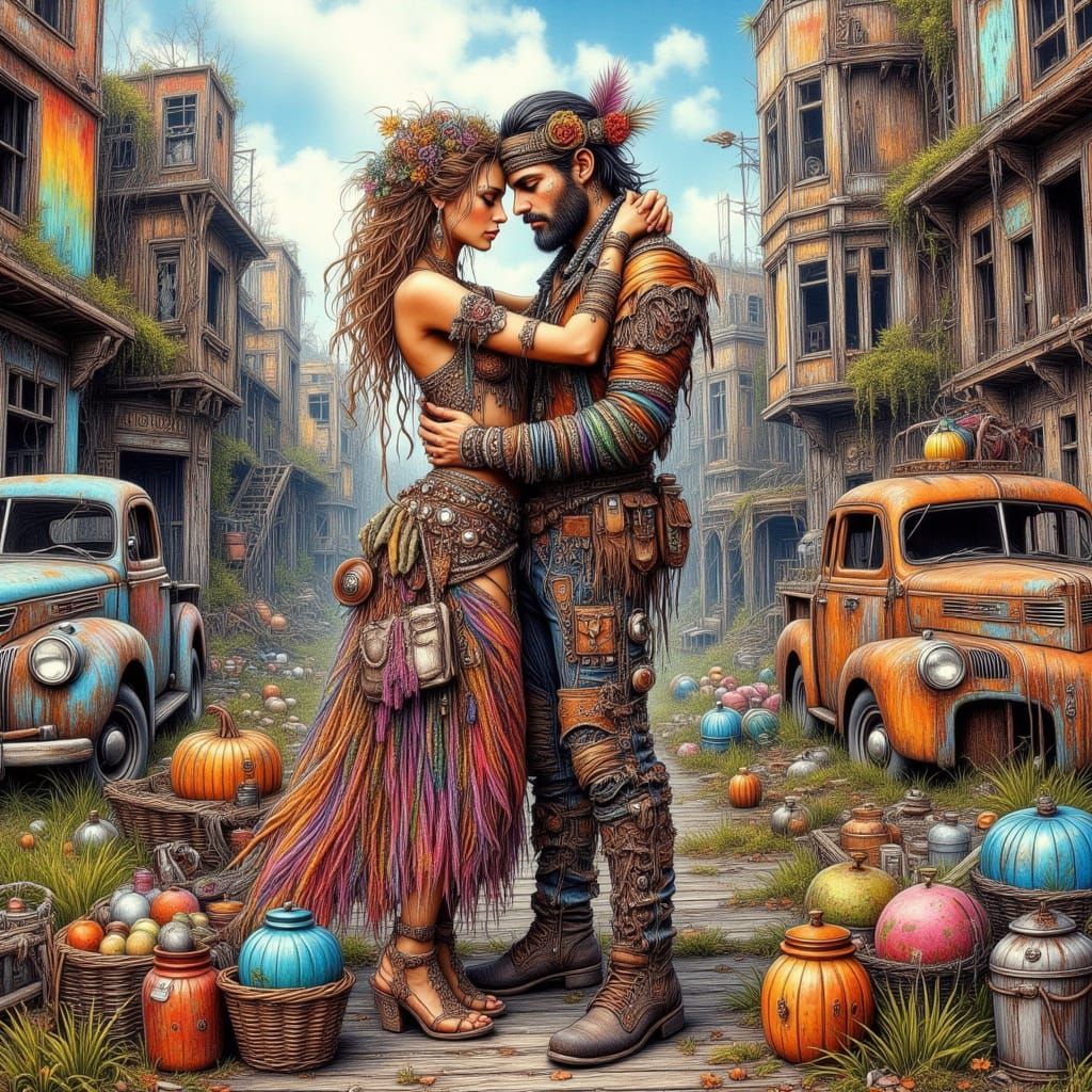 Whimsical Embrace Amidst Ruins: Bohemian Art