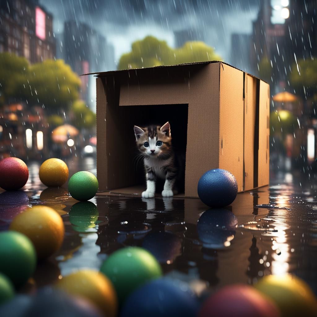 Kitten Hiding in the Rain: Detailed Matte Painting