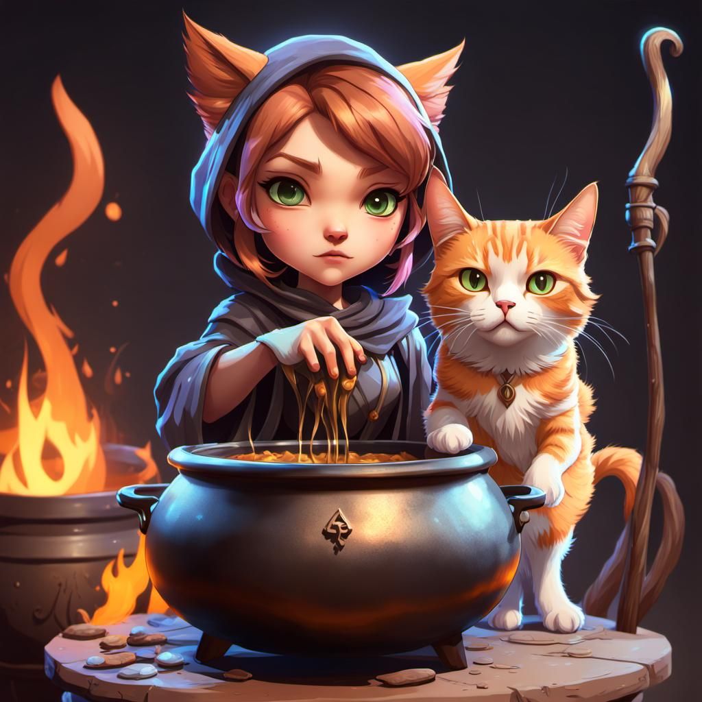 Chibi Witch and Cat Portrait in Art Nouveau Style