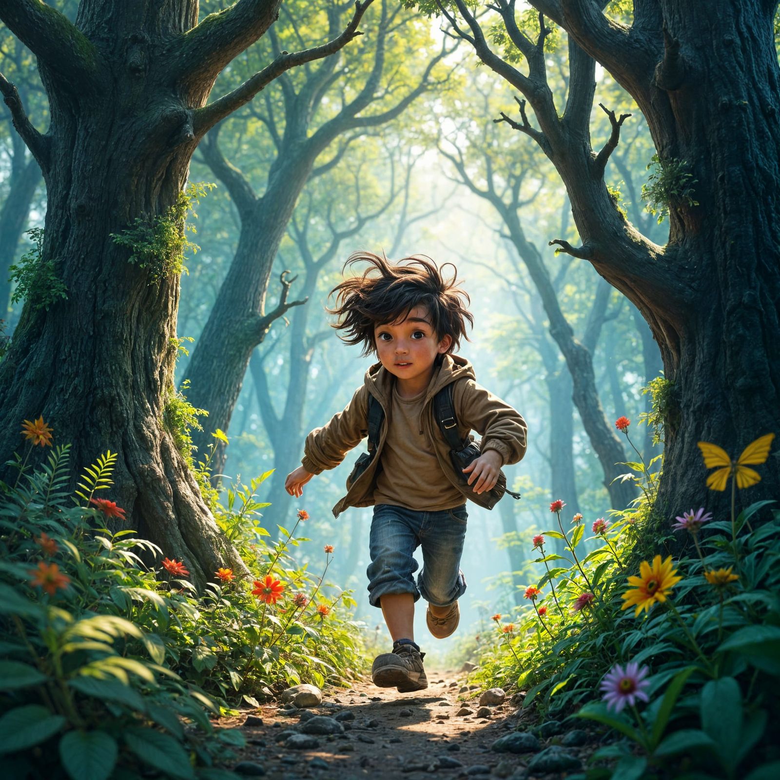 Boy Runs Through Forest: Detailed Matte Painting