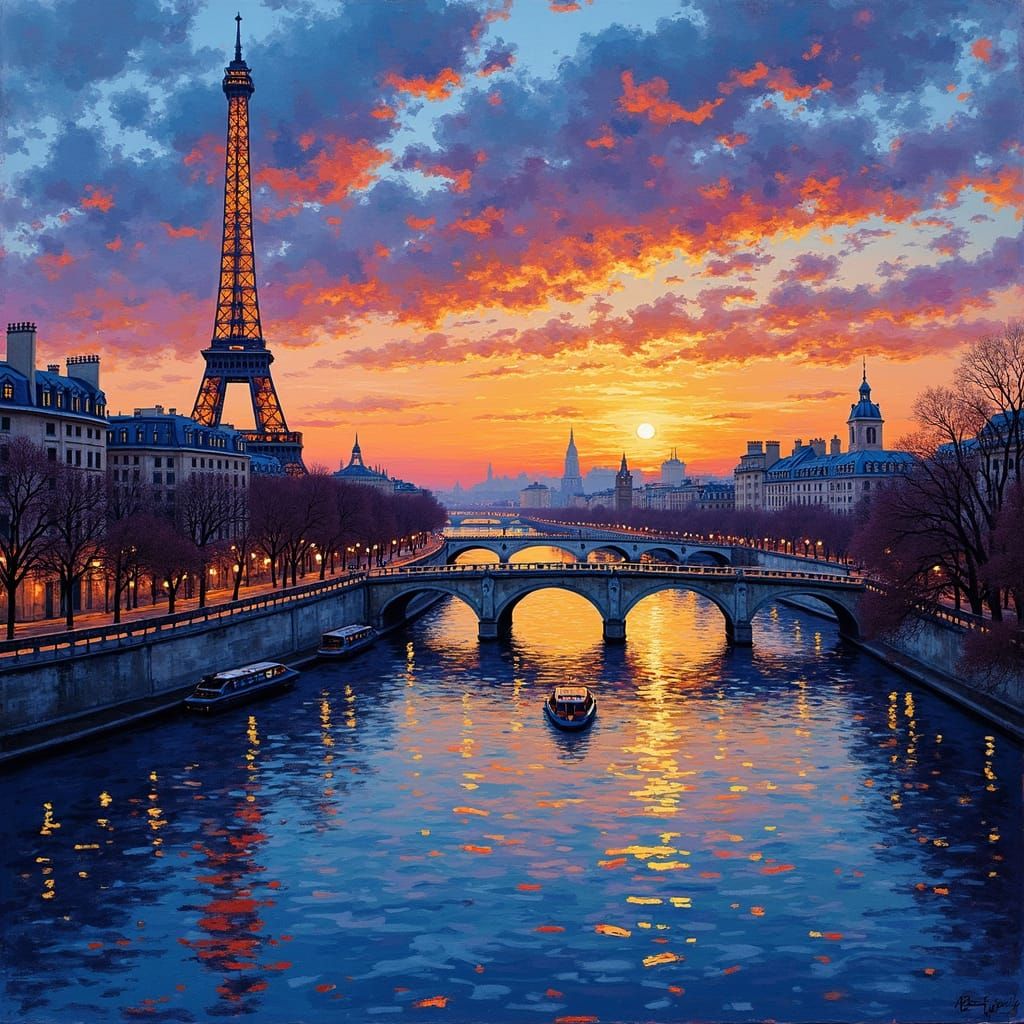 Paris at Dusk: Impressionist Painting of Eiffel Tower