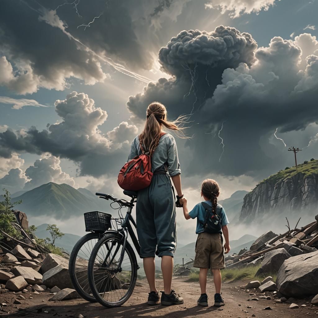 Woman and Child Watch Swirling Hurricane Clouds